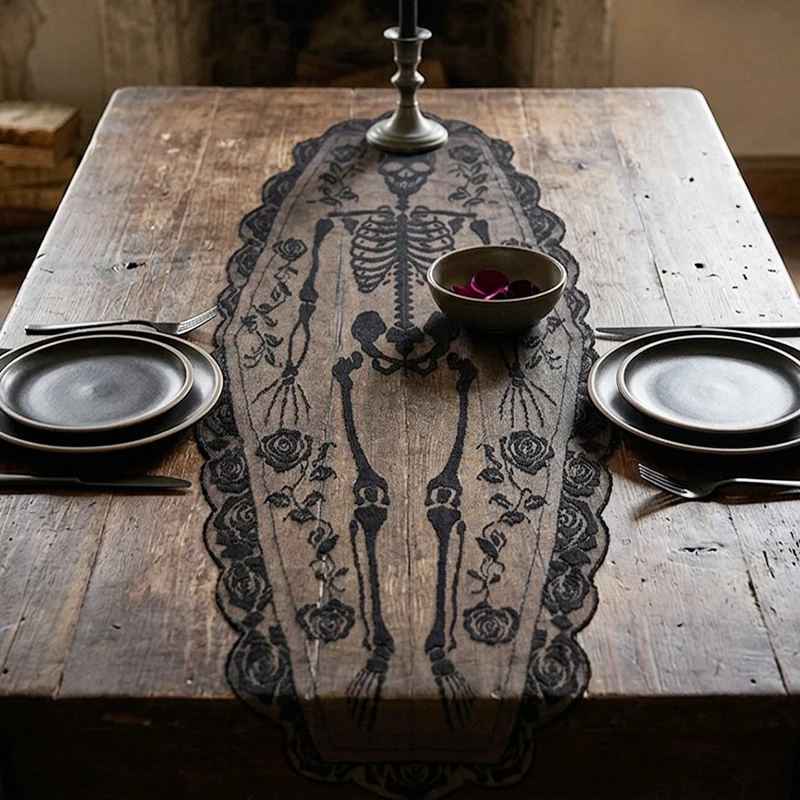 Halloween Skeleton Table Runner with Rose Lace Trim – Gothic Table Decor