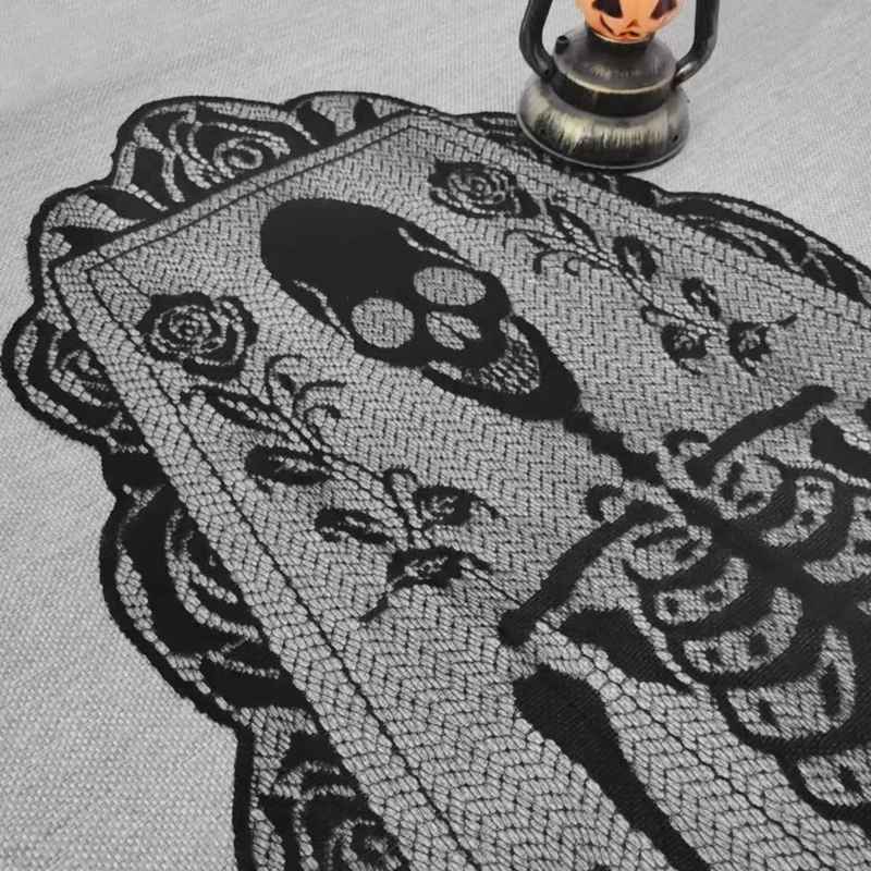 Halloween Skeleton Table Runner with Rose Lace Trim – Gothic Table Decor