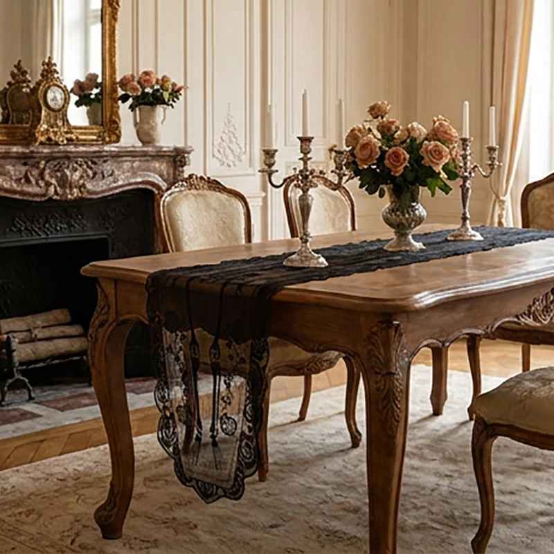 Halloween Skeleton Table Runner with Rose Lace Trim – Gothic Table Decor