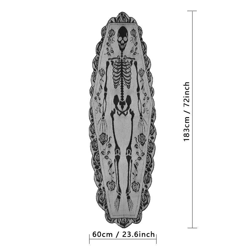 Halloween Skeleton Table Runner with Rose Lace Trim – Gothic Table Decor
