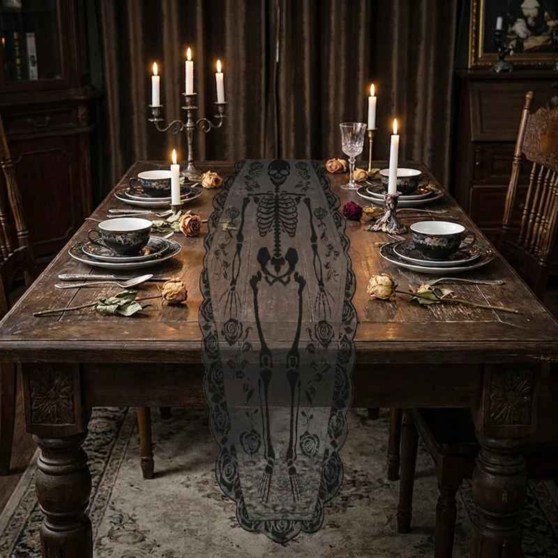 Halloween Skeleton Table Runner with Rose Lace Trim – Gothic Table Decor