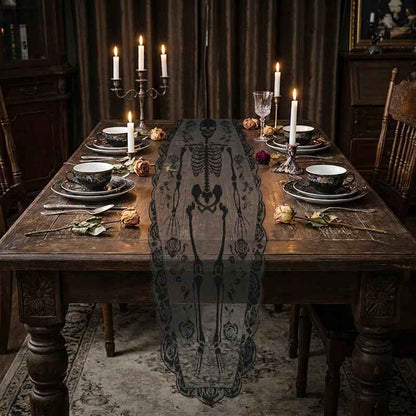 Halloween Skeleton Table Runner with Rose Lace Trim – Gothic Table Decor