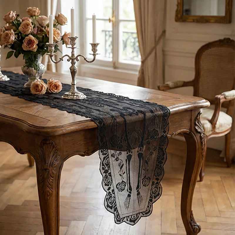 Halloween Skeleton Table Runner with Rose Lace Trim – Gothic Table Decor
