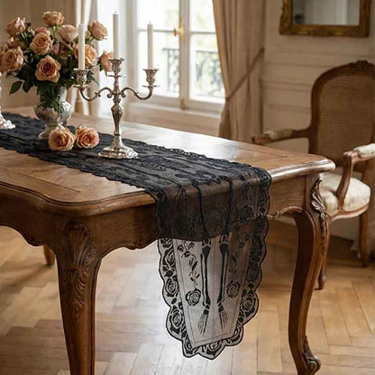 Halloween Skeleton Table Runner with Rose Lace Trim – Gothic Table Decor